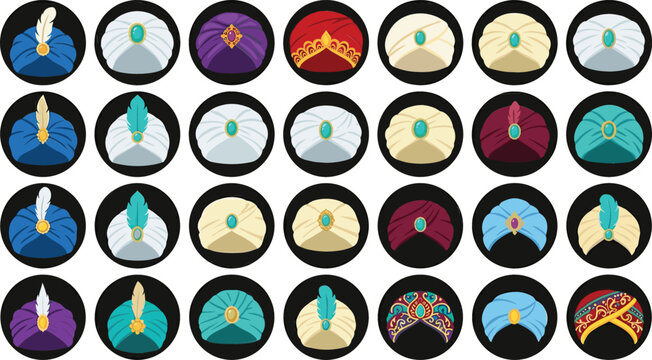 Traditional arabian and indian royal turban vector icons collection featuring colorful oriental headdress elements decorated with jewels and feathers inside circular black frames