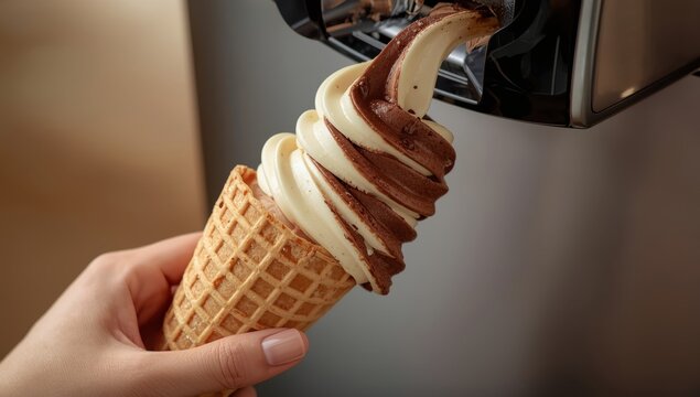 Close-up of a woman&rsquo;s hand with a waffle cone being filled with a swirl of chocolate and vanilla soft serve from a dispenser.