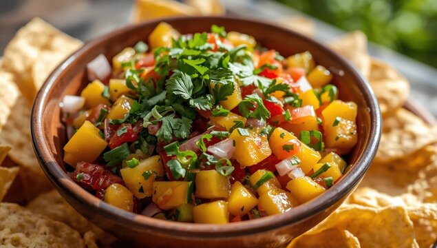 Close-up of mango salsa with peppers, cilantro, and onion in a bowl alongside nachos.