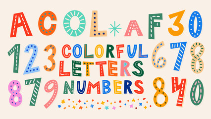 Colorful decorative alphabet letters and numbers in a playful vector illustration style numerals type typography font character glyph graphic design art © Rabindrabath