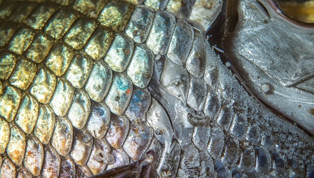 Close-up of silver bass skin texture, detailed macro of fish scales.