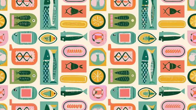 Fish and marine life pattern a repeating vector illustration with mid century modern aesthetics and a light background aquatic schooling ocean