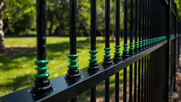 Close-up view of black and green electric fencing on outdoor property line.