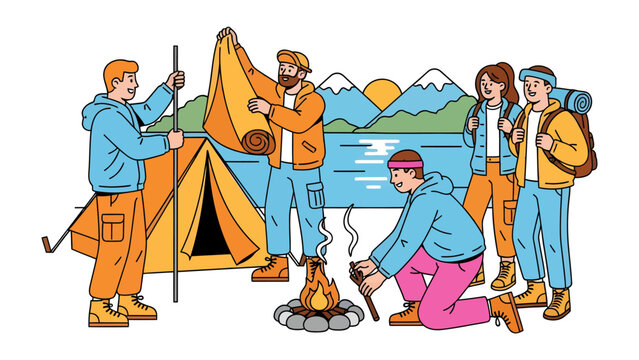 Outdoor Adventure Crew: A group of friends sets up camp near a serene lake, with one person tending a campfire while others assemble a tent.