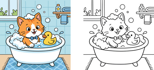 Cute cartoon kitten taking a bubble bath with rubber duck, colored version and black and white outline coloring page vector illustration for children. © MMONIR