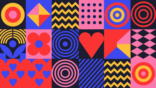 Geometric pattern featuring colorful squares with concentric circles chevrons and heart shapes in a grid arrangement abstract design chevron layout vector