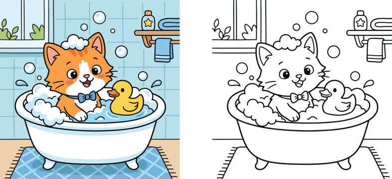 Cute cartoon kitten taking a bubble bath with rubber duck, colored version and black and white outline coloring page vector illustration for children.