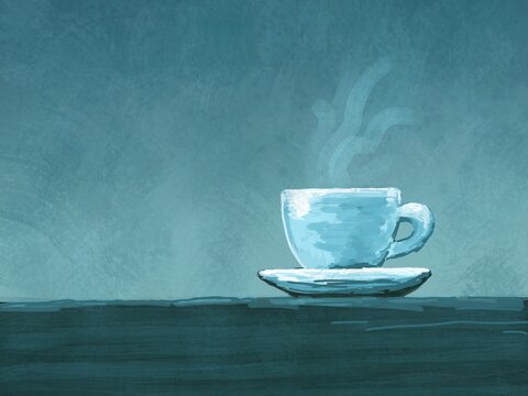 Digital painting of a cup of hot coffee on a blue nuances with copyspace and subtle brushworks, suitable for wall art, cafe signage, or promotion poster.