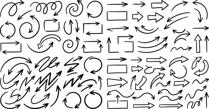 Creative hand‑drawn arrow sketches in diverse styles including curved, spiral, zigzag, and looped designs for directional concepts