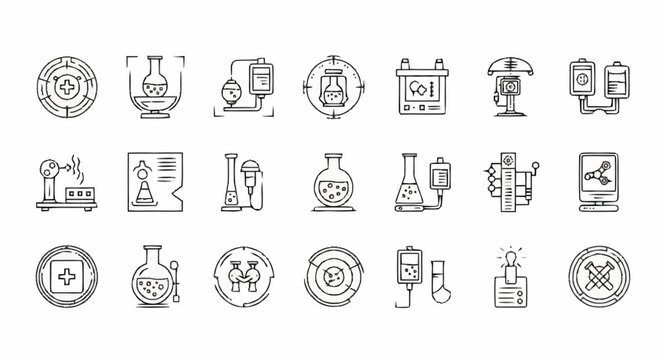 Science laboratory equipment icons set.
