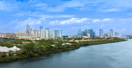 Obraz premium High angle view of downtown Tampa skyline skyscrapers and residential housing developments along the Garrison Channel waterfront in Florida United States