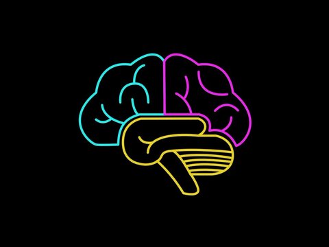 Brain icon with zygomatic major muscle, line art, black background,A line art illustration of a brain with a zygomatic major muscle on a black background