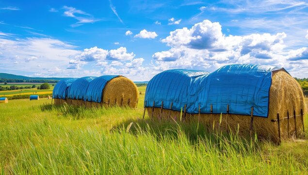 Covered straw bales stacked in a field to protect from rain.