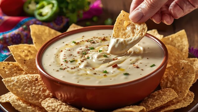 Creamy white queso dip served with tortilla chips.