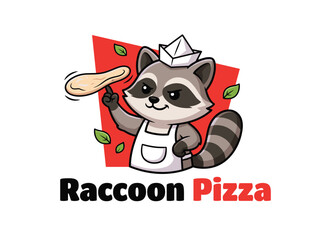 Fototapeta premium Cute cartoon raccoon chef spinning pizza dough logo design for fast food restaurant