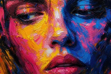 Fototapeta premium Impasto oil painting of a woman's face, colorful abstract portrait with thick brushstrokes, vibrant expressive female artwork in pink and blue isolated PNG with Transparent Background