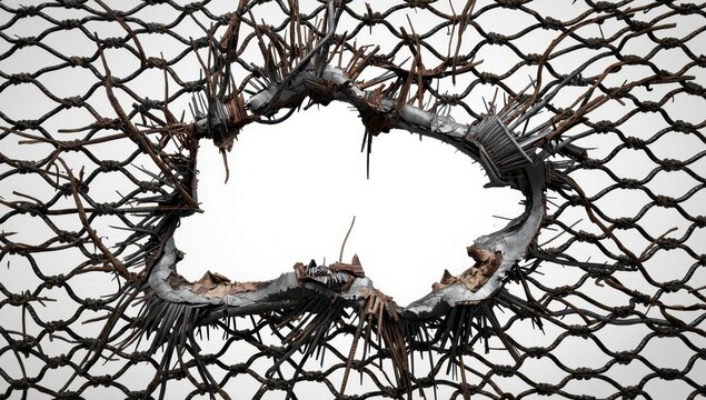 Damaged metal mesh on a white backdrop.