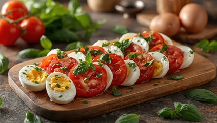 Obraz premium Delicious caprese salad featuring mozzarella, avocado, and eggs on a platter.