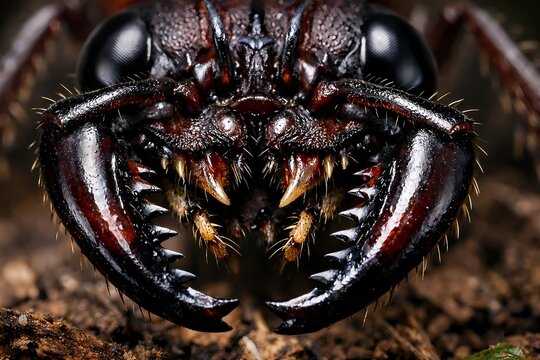 Extreme macro of insect mandibles and face. Highly detailed close up of a beetle or ant jaw showing predatory features. Ideal for entomology studies and nature documentaries. Sharp focus.