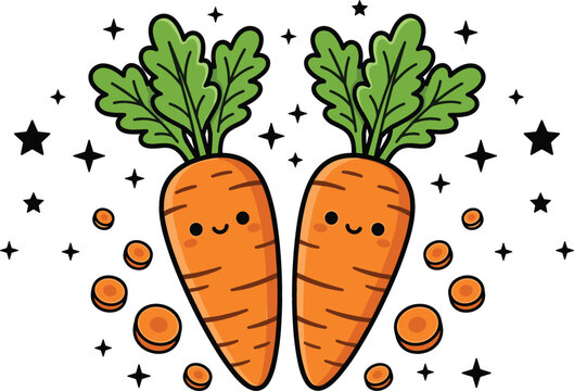 Two cute cartoon carrot characters with smiling faces surrounded by fresh vegetable slices and twinkling magical stars vector illustration on white background