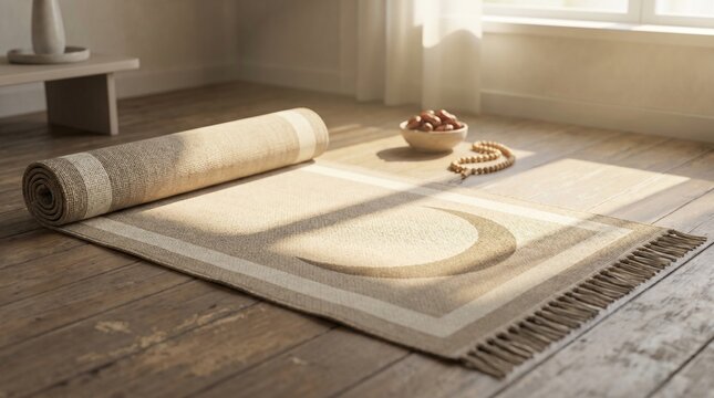 Beige woven yoga mat with crescent moon pattern rolled on wooden floor beside wooden bowl of nuts and prayer beads in sunlight