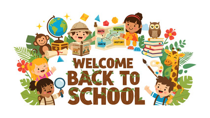 Fototapeta premium Welcome Back to School Adventure: Children embark on an exciting educational journey surrounded by jungle animals and learning tools.