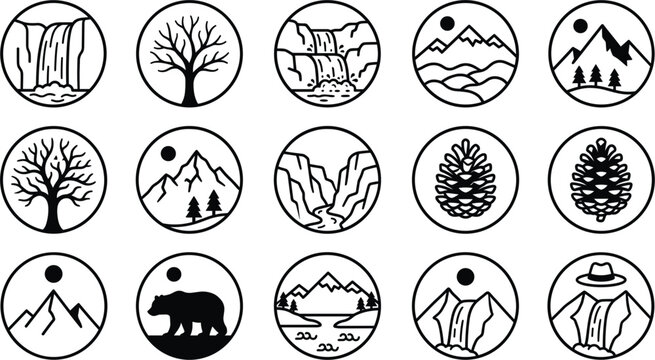 Minimalist Circular Nature Line Art Icon Set with Mountains, Waterfalls, Trees, Pinecones, and Bear Elements for Outdoor Adventure Badges and Logos