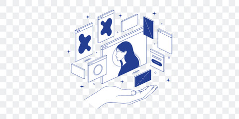 Digital Content Management Concept with Hand and Floating UI Elements. Modern Isometric Line Art for Web, Social Media Technology © Masud