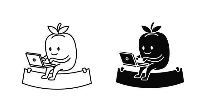Cartoon boy using a laptop with a funny worm on top of the screen and a mouse beside it