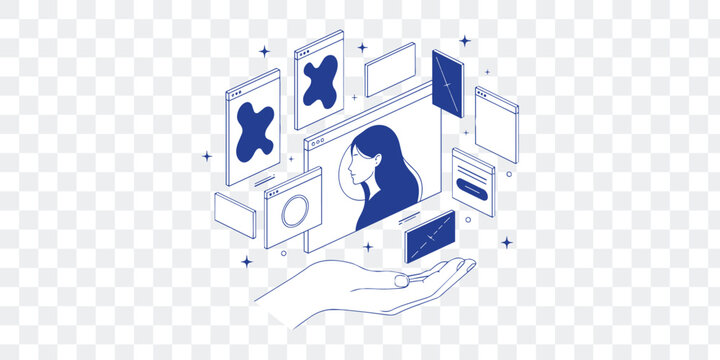 Digital Content Management Concept with Hand and Floating UI Elements. Modern Isometric Line Art for Web, Social Media Technology