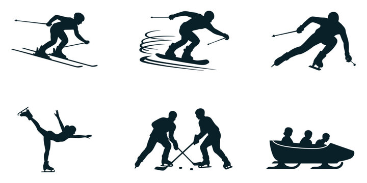 Winter Sports Vector Illustration Featuring Skiing, Snowboarding, Skating, and Bobsledding Athletes in a Stylish Active Composition for Seasonal Sports and Recreation Design
