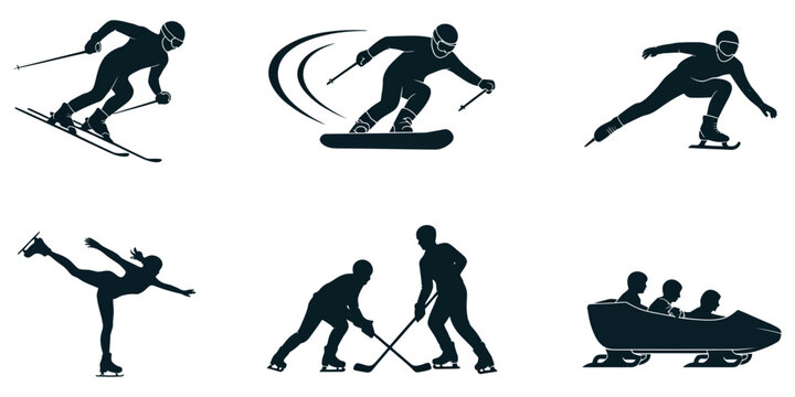 Winter Sports Vector Illustration Featuring Skiing, Snowboarding, Skating, and Bobsledding Athletes in a Stylish Active Composition for Seasonal Sports and Recreation Design