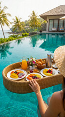 Obraz premium Desayuno flotante en piscina tropical con ambiente exclusivo y relajante de vacaciones.