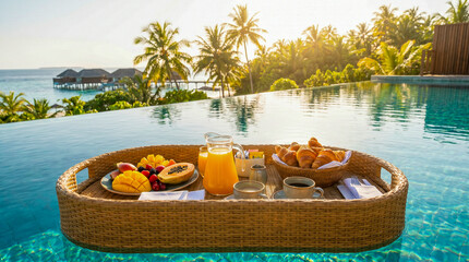 Obraz premium Desayuno flotante en piscina tropical con ambiente exclusivo y relajante de vacaciones.