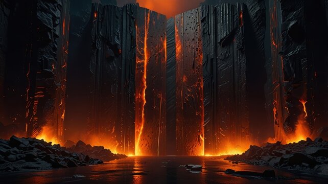 Ancient Stone Monolith Cliff With Glowing Molten Orange Cracks and Fire Atmosphere Background