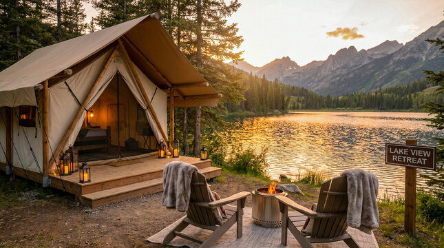 Experiencia glamping de verano junto al lago con ambiente acogedor y natural.