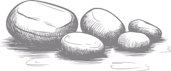 A hand-drawn of a group of smooth river stones arranged together on a white background © Lisa_Stock