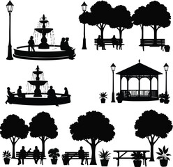 Obraz premium Isolated on silhouette collection of urban park elements including tiered water fountains, people on benches, street lamps, trees, picnic tables, and potted plants vector art on white background 