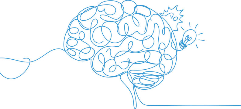 Continuous line drawing of a human brain with lightbulb idea continuous illustration minimalist