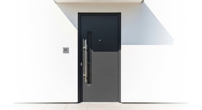 Modern dark grey fiberglass front entry door with a minimalist design, clean lines, and a metallic handle set on a contemporary facade, weather-resistant, luxury, doorjamb