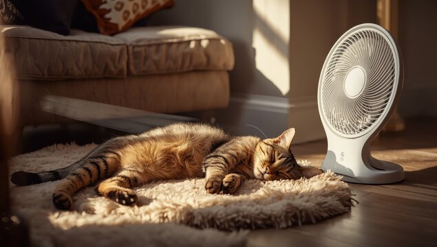 Feline resting by a white fan.