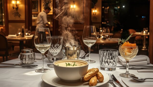 Five-star restaurant chef serves exquisite clam chowder and drinks.