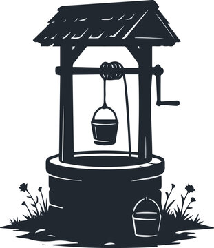 Isolated on silhouette Village Water Well with senec beauty vector art on white background