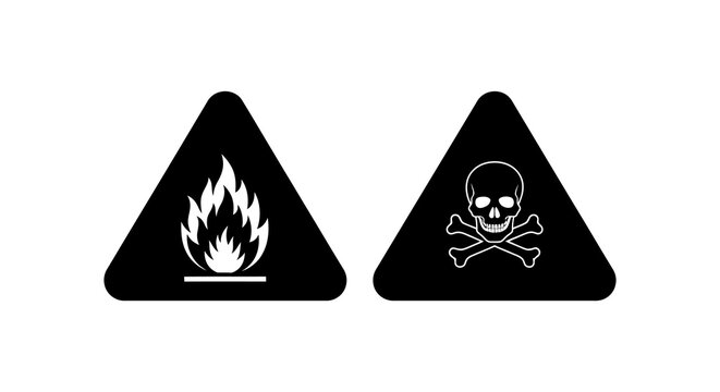 Flammable And Toxic Warning Signs Black Triangle Silhouettes On White