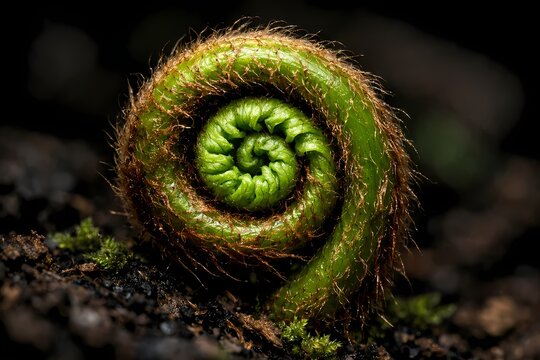 Close up of a green fern fiddlehead spiral with fuzzy brown hairs. Suitable for botanical research garden landscape designs and forest ecosystem educational presentations or books.