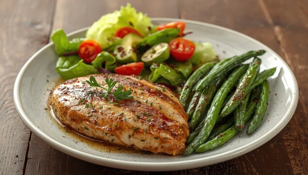 Grilled chicken with salad and green beans.
