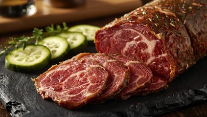 Fototapeta premium Herbed beef pastrami slices and pickled cucumber on a dark surface.