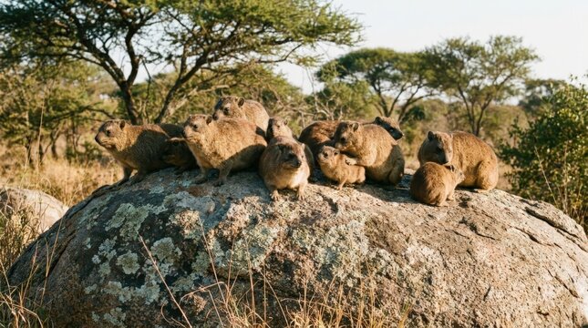 A sociable rock hyrax colony rests together on a lichen covered boulder kopje in the dry savannah, showcasing unique wildlife behavior in their natural wilderness habitat during a sunny day.