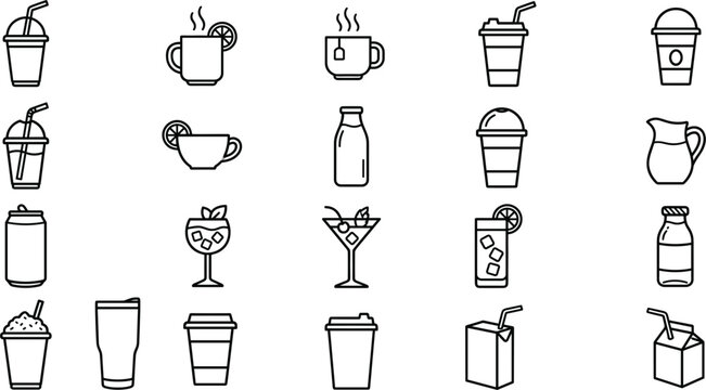 Beverage and Drink Line Icon Set with Coffee Cups Milk Bottles Cocktail Glasses Soda Cans and Juice Boxes for Web and App Designs Vector