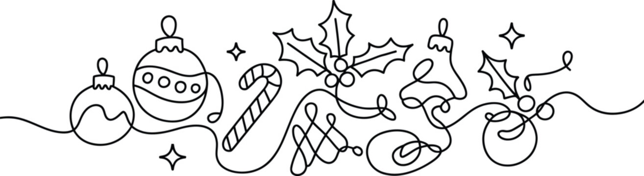 Christmas ornaments holly candy cane and bell border illustration with christmas ornament greeting